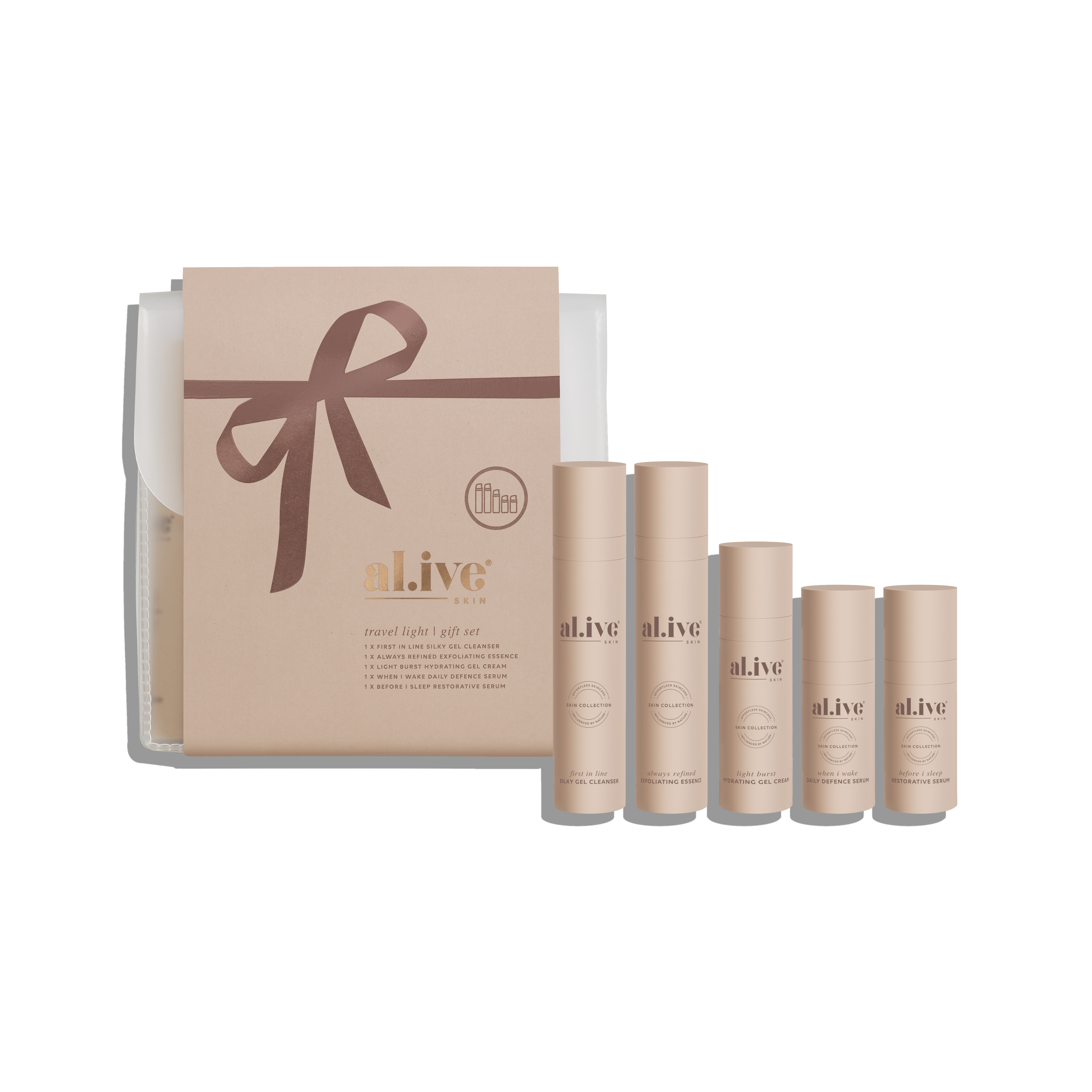 Set of 'al ive' skincare products with a decorative box on a white background