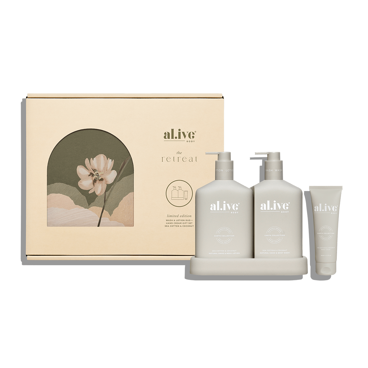 WASH & LOTION DUO + HAND CREAM GIFT SET - SEA COTTON & COCONUT - al.ive body